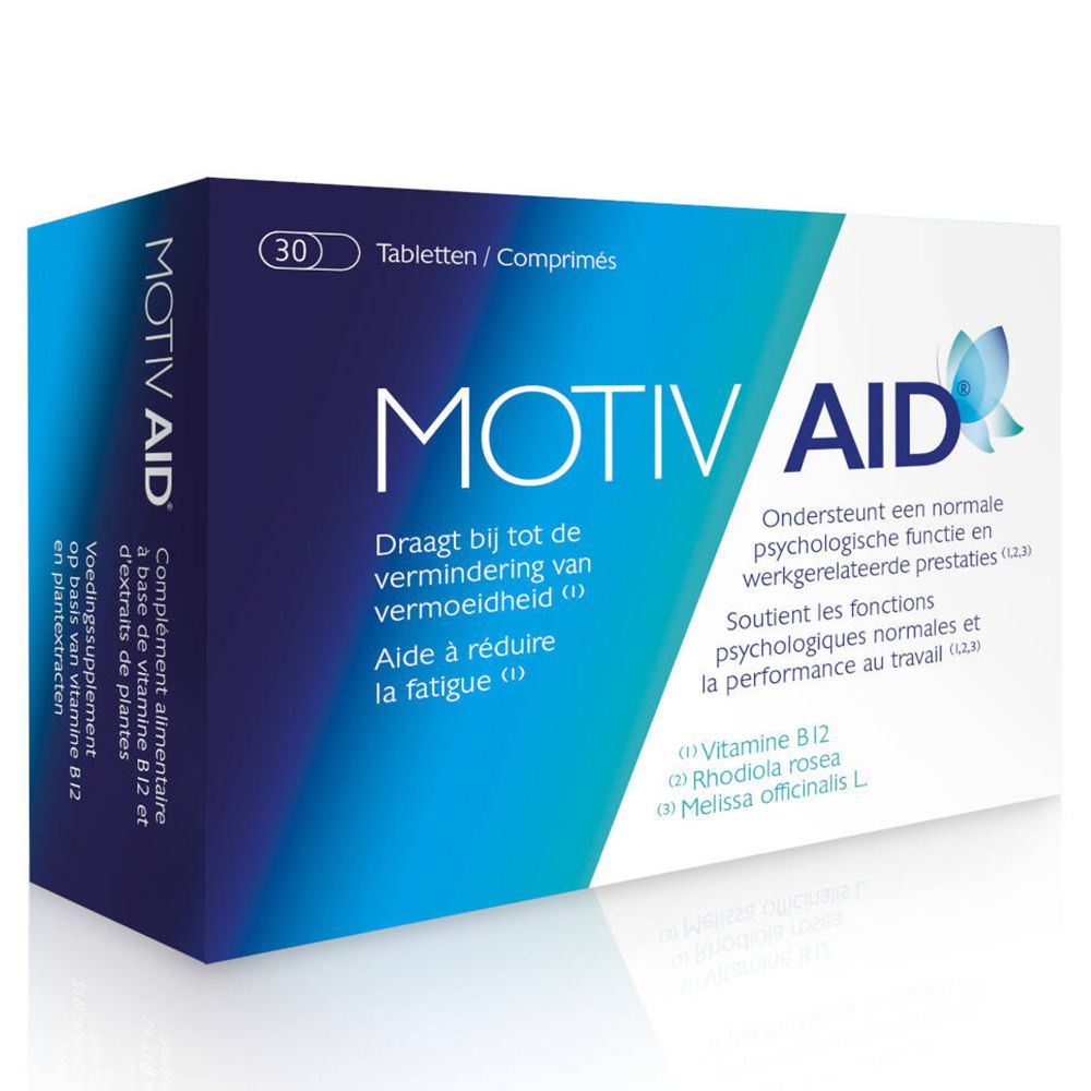 Motiv Aid doos. Blauw en witte verpakking. Bevat 30 tabletten. Tekst: "Aide à réduire la fatigue".