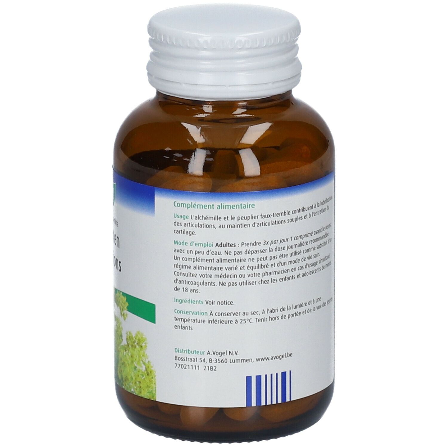 Vue arrière du flacon en verre brun avec bouchon blanc. Étiquette avec informations produit. 90 comprimés.
