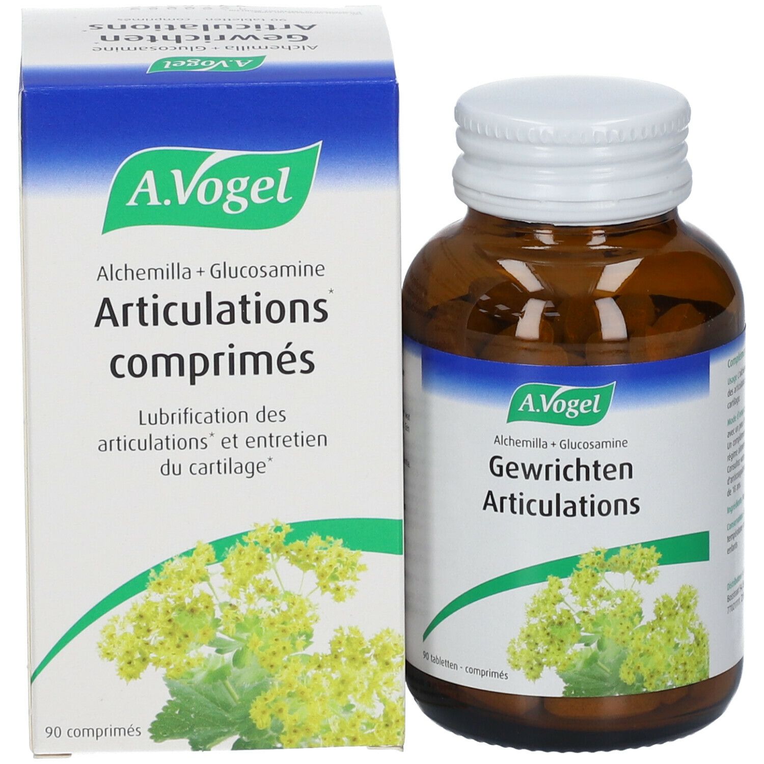 Flacon et boîte du produit. Flacon brun, bouchon blanc. Boîte avec logo et nom du produit. 90 comprimés.
