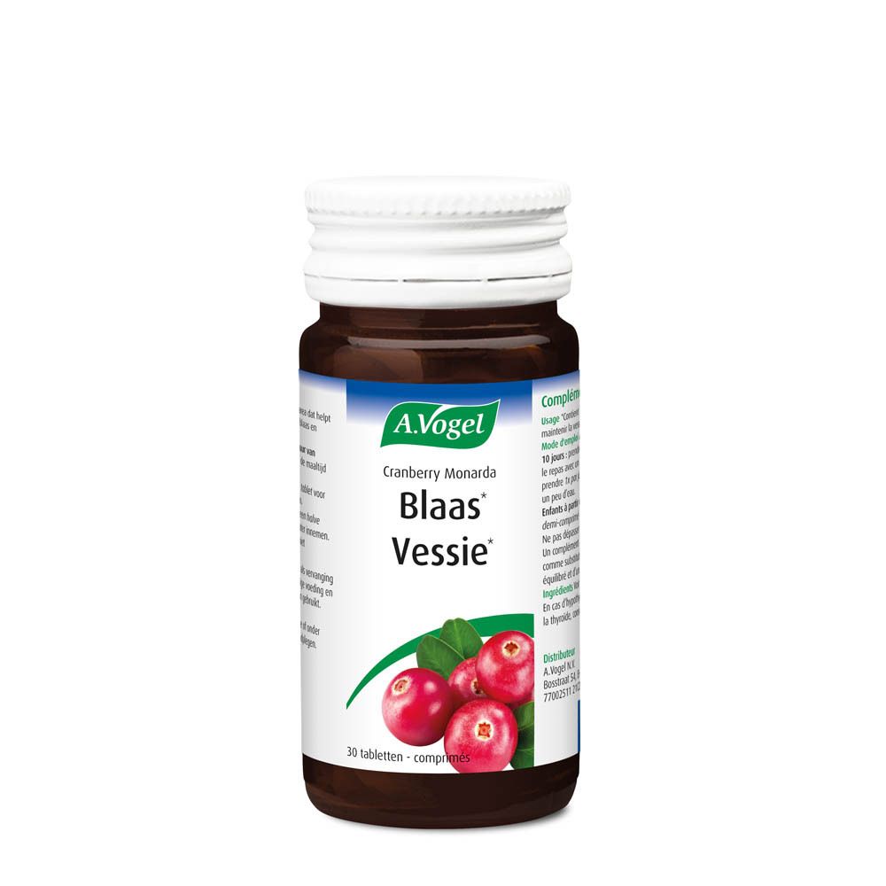 Bruine fles met witte dop. Etiket met productnaam en cranberry-afbeelding. Tekst: A. Vogel, Blaas Vessie.
