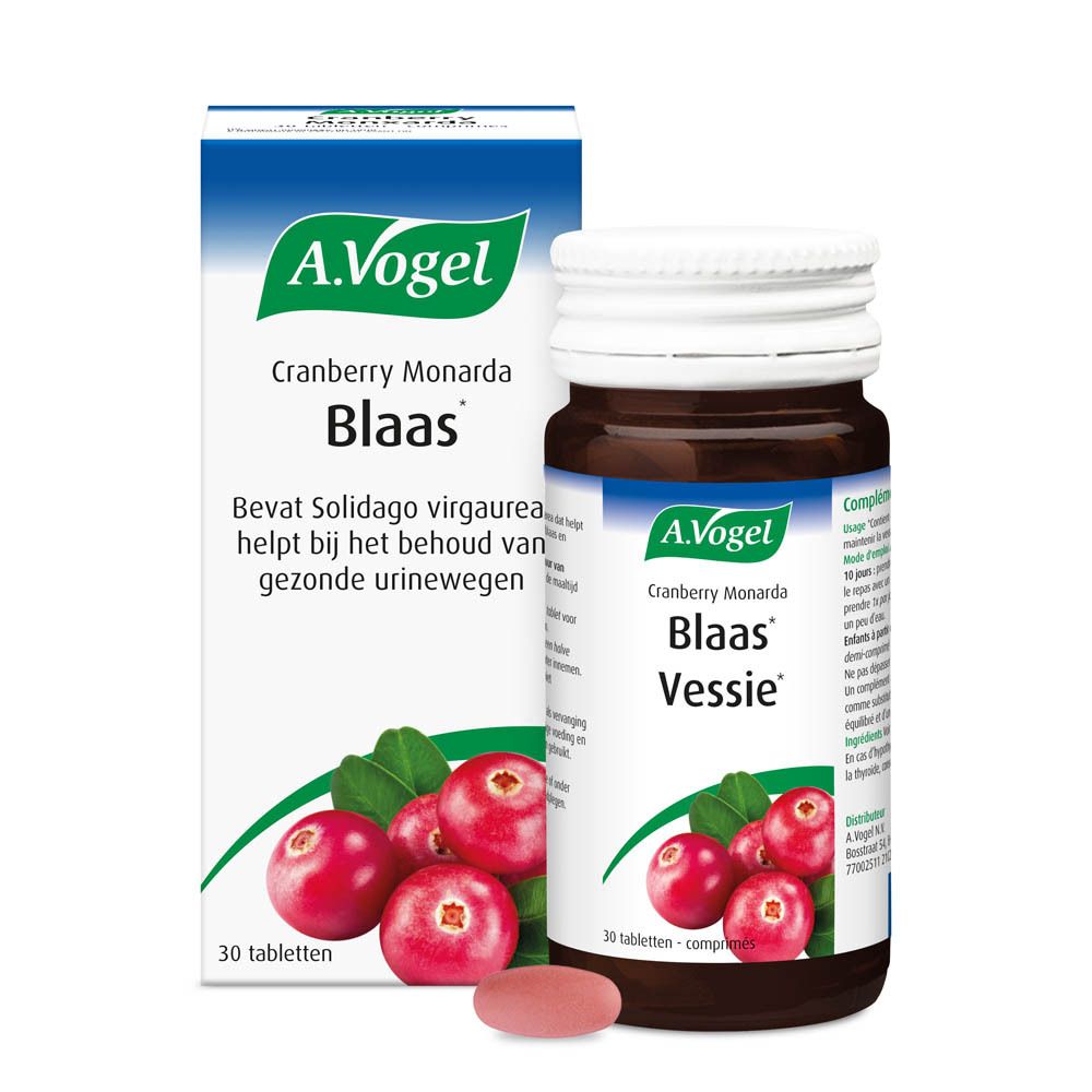 Fles en doos. Fles: bruin, witte dop. Doos: wit, blauw. Tekst: A. Vogel, Blaas. 30 tabletten.