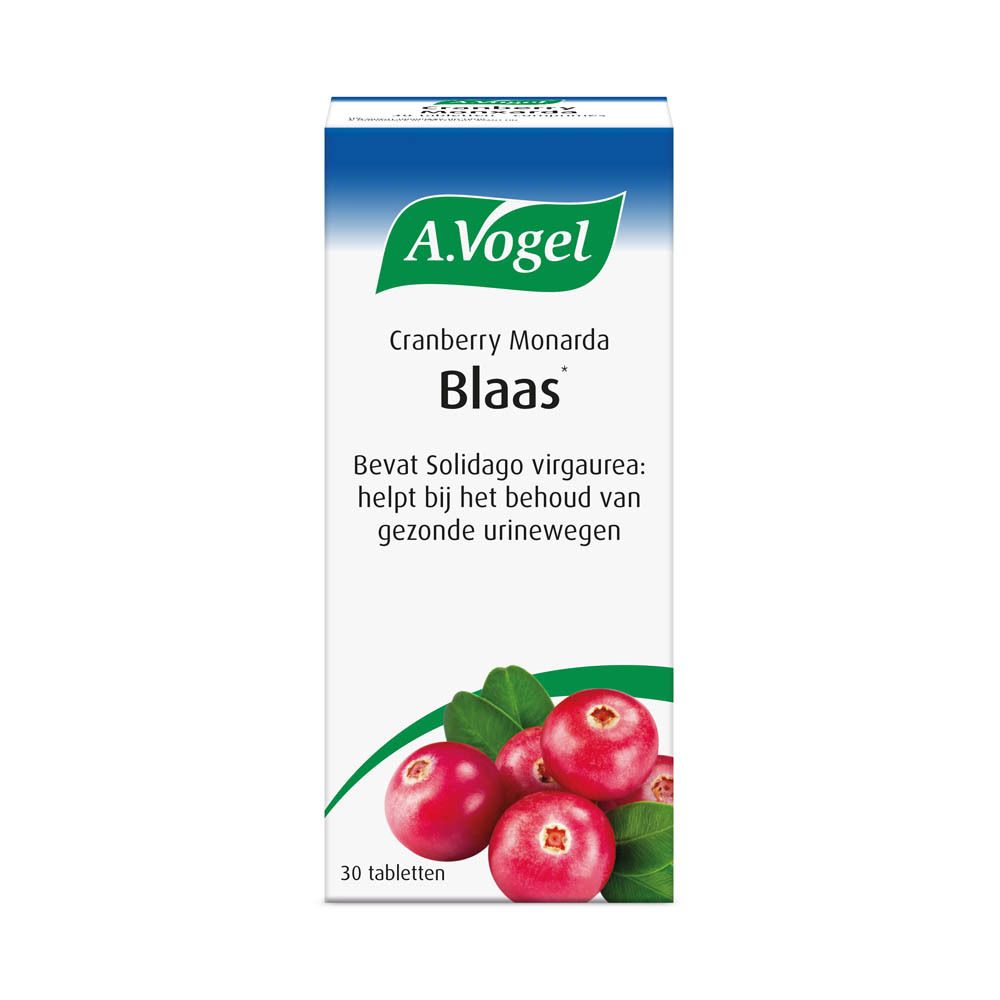 Witte doos met blauwe streep. Tekst: A. Vogel, Blaas. Cranberry-afbeelding. 30 tabletten.