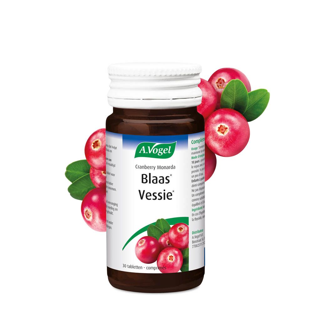 Bruine fles met witte dop. Etiket met productnaam en cranberry-afbeelding. Tekst: A. Vogel, Blaas Vessie. Cranberries.