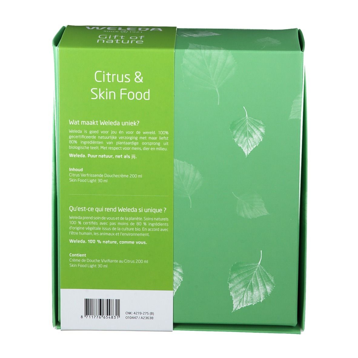 Groene doos met tekst. Opschrift: WELEDA, Citrus & Skin Food. Tekst in het Nederlands en Frans.