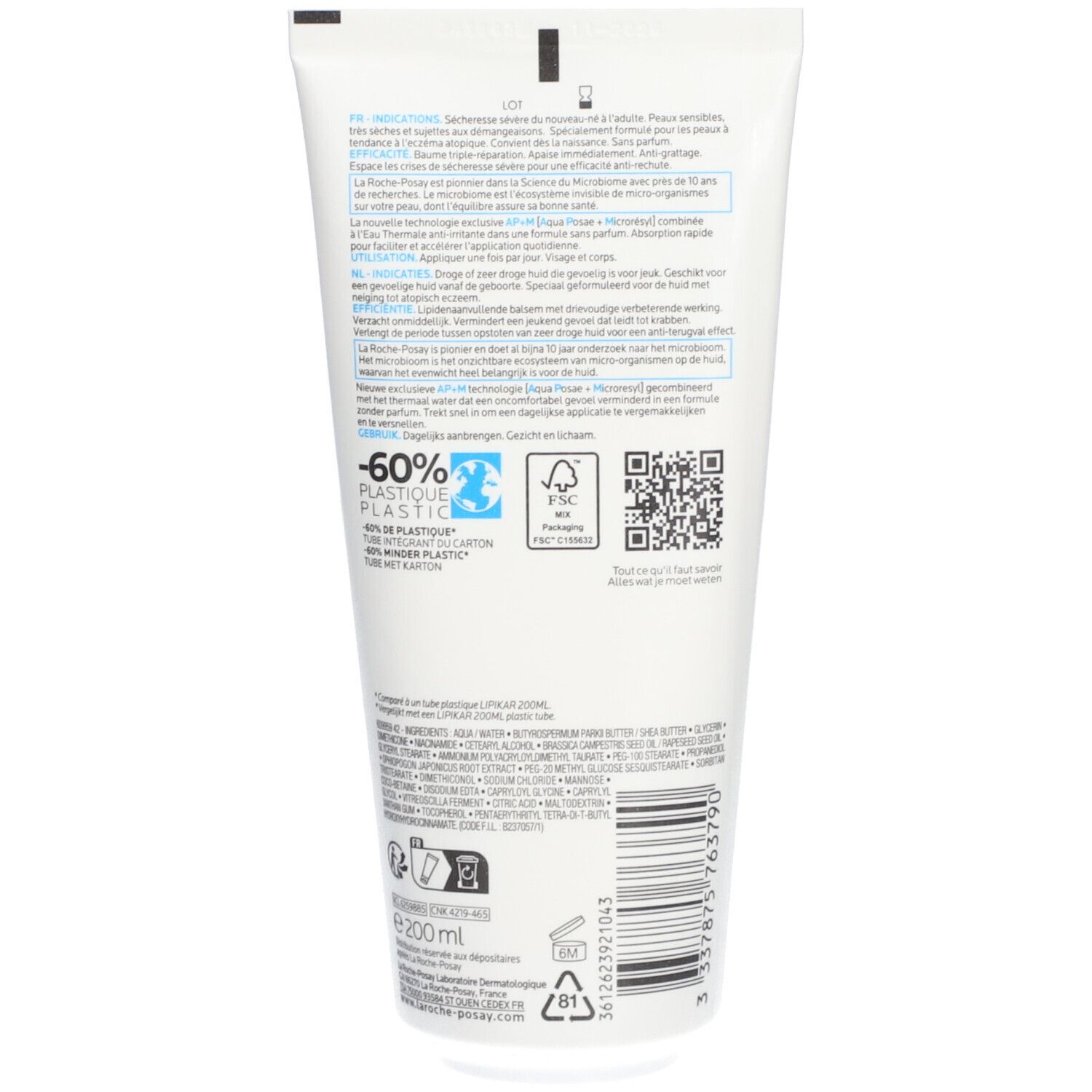 Dos d'un tube blanc. Texte et logos. Contient des informations sur l'utilisation et les ingrédients. Avec code QR et symboles de recyclage.