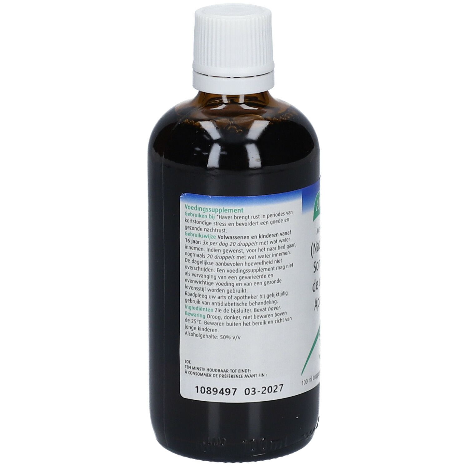 Vue arrière d'une bouteille en verre brun avec bouchon blanc. Étiquette avec texte. 100 ml.