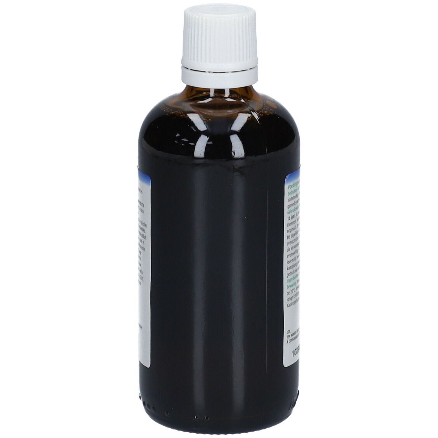 Vue latérale d'une bouteille en verre brun avec bouchon blanc. Étiquette avec texte. 100 ml.