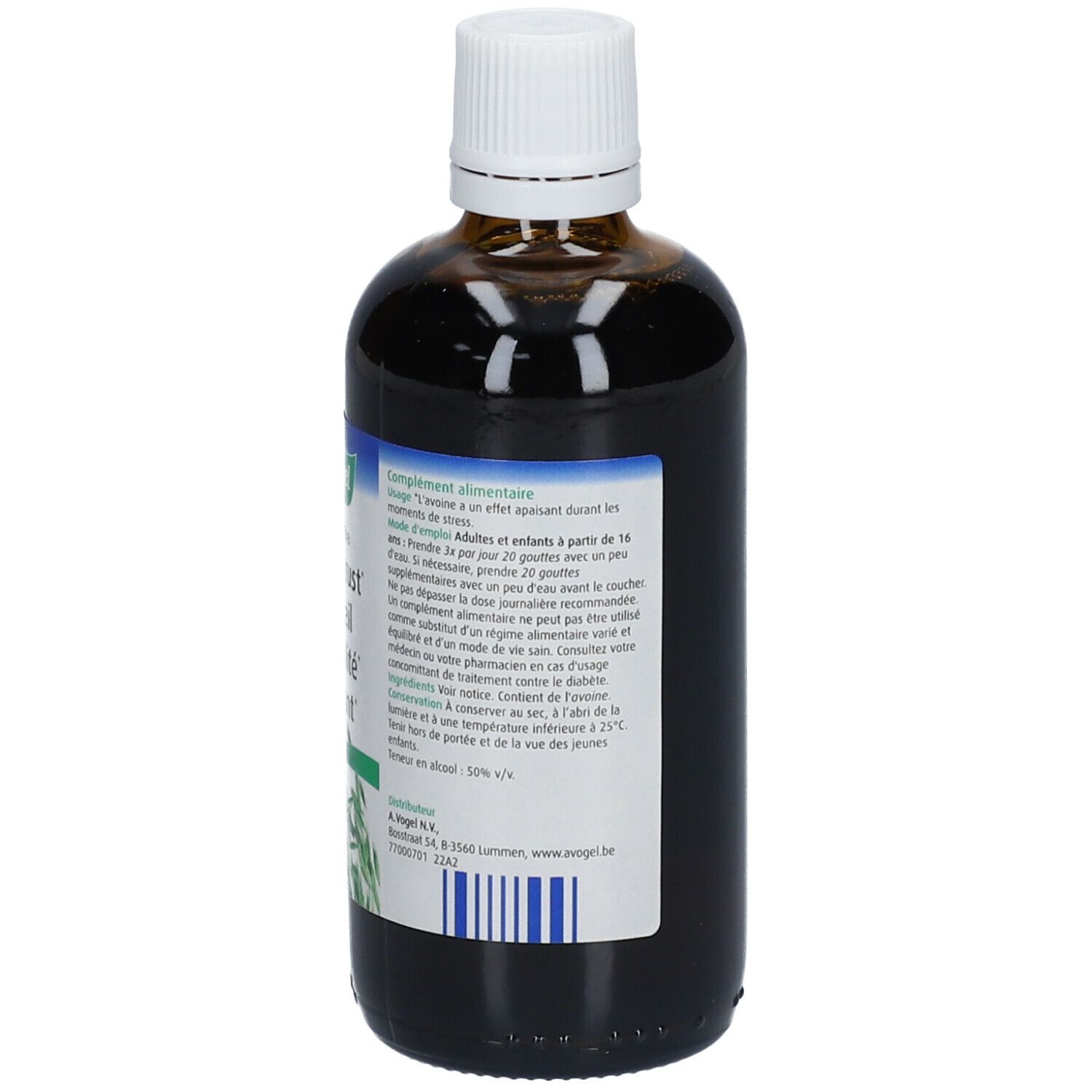 Vue arrière d'une bouteille en verre brun avec bouchon blanc. Étiquette avec texte. 100 ml.