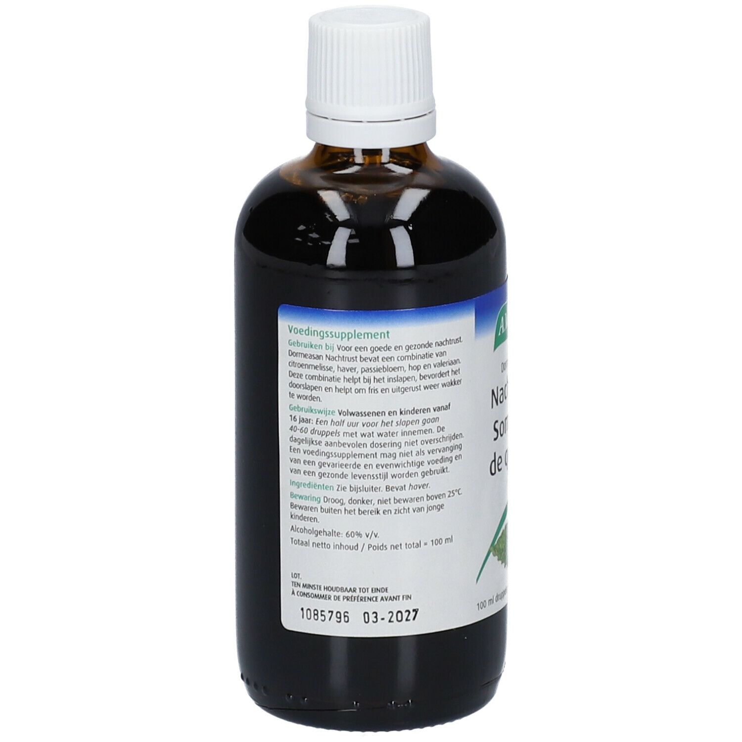 Achteraanzicht van de bruine glazen fles. Etiket met tekst over voedingssupplement, ingrediënten en vervaldatum.