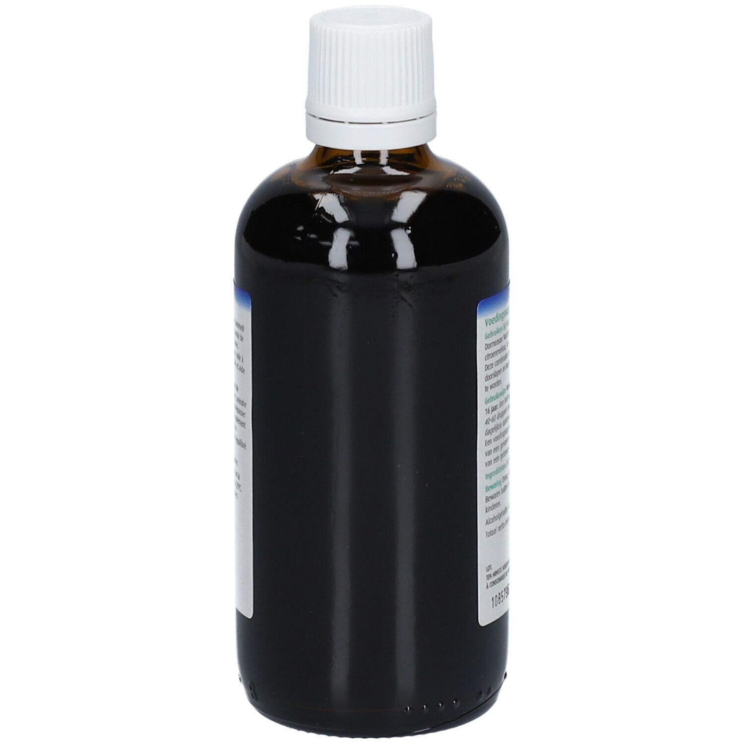 Achteraanzicht van de bruine glazen fles. Etiket met tekst over voedingssupplement, ingrediënten en vervaldatum.