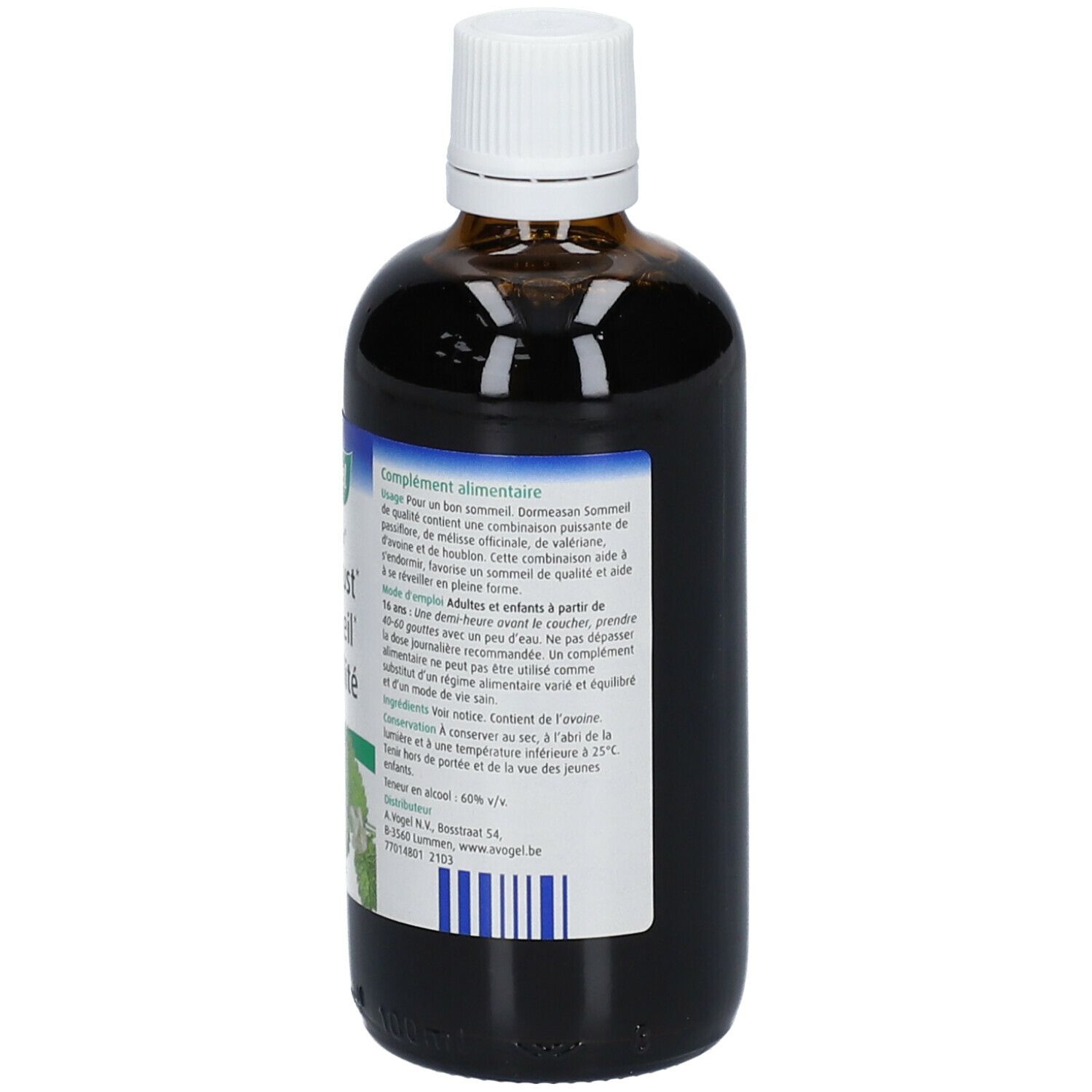 Achteraanzicht van de bruine glazen fles. Etiket met tekst over voedingssupplement, ingrediënten en vervaldatum.