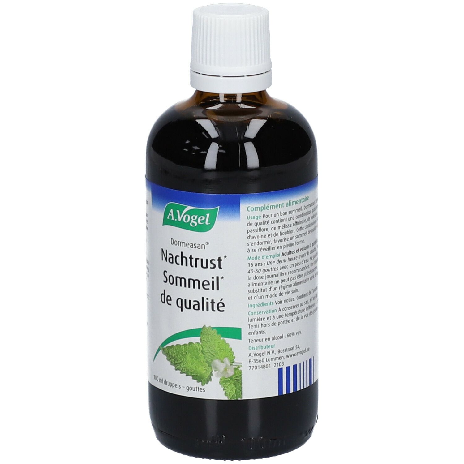 Bruine glazen fles met witte dop. Etiket met A. Vogel, Dormeasan, Nachtrust, Sommeil de qualité en kruidenafbeelding.