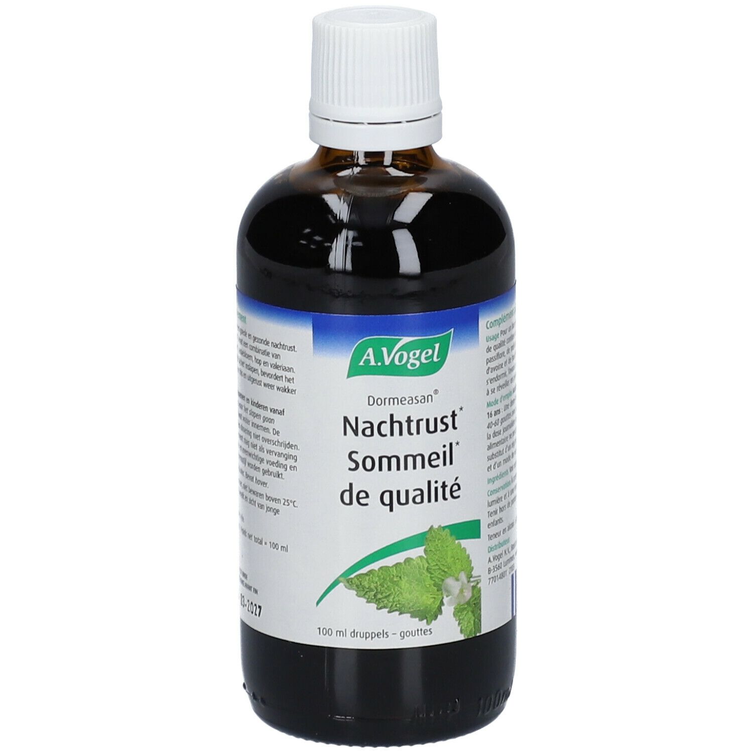 Bruine glazen fles met witte dop. Etiket met A. Vogel, Dormeasan, Nachtrust, Sommeil de qualité en kruidenafbeelding.