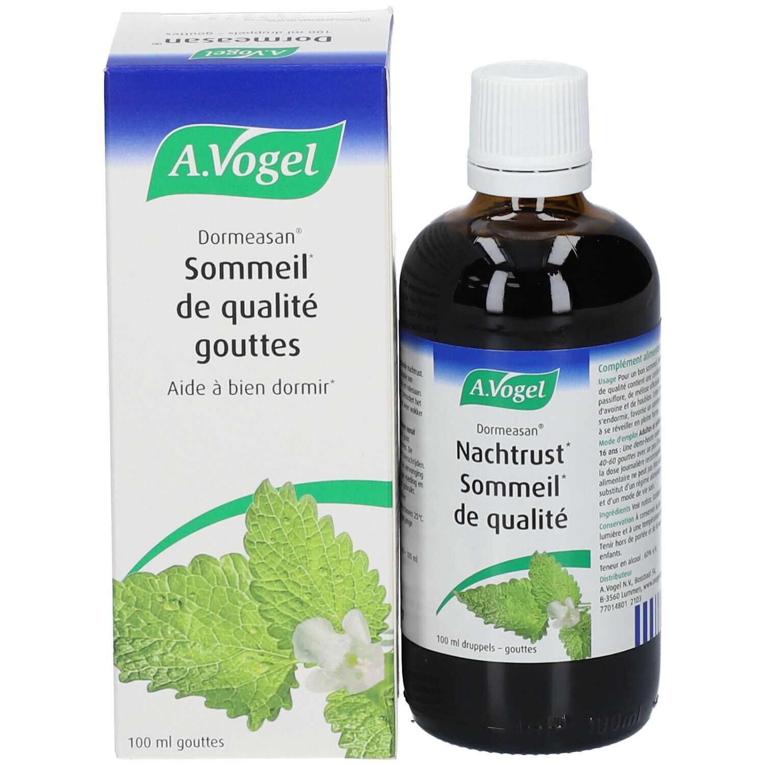 A. Vogel Dormeasan fles en doos. Fles bruin, witte dop. Doos wit, blauw en groen. Tekst.