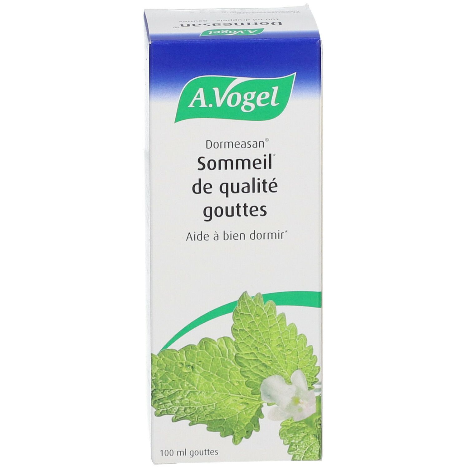 Witte doos met A. Vogel, Dormeasan, Sommeil de qualité, gouttes. Groene bladeren en bloemen. Blauwe en groene tekst.