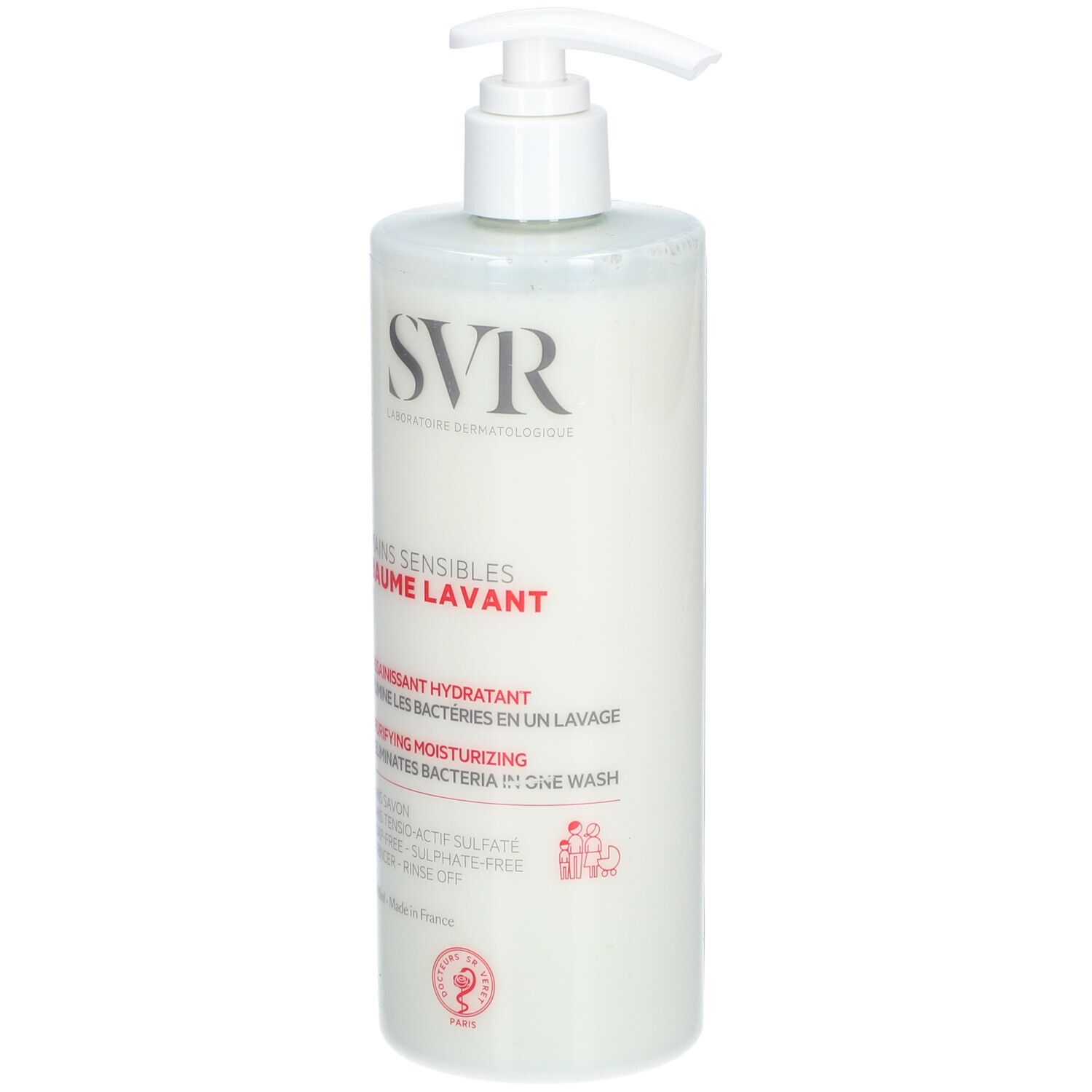 Weißer Spender mit SVR-Logo und roter Schrift. Enthält Waschbalsam für empfindliche Hände. Mit Pumpe.