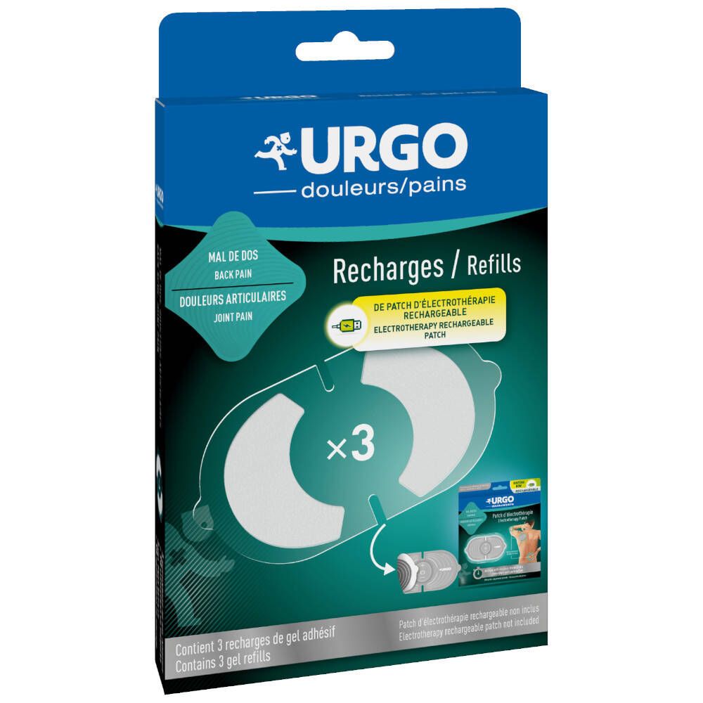 Boîte de 3 recharges d'électrothérapie URGO. Emballage bleu avec visuels et informations produit.