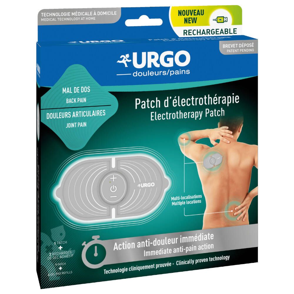 Verpakking van Urgo Patch d’électrothérapie. Opschrift: Mal de dos, douleurs articulaires. Illustratie van man met pleistertoepassing.