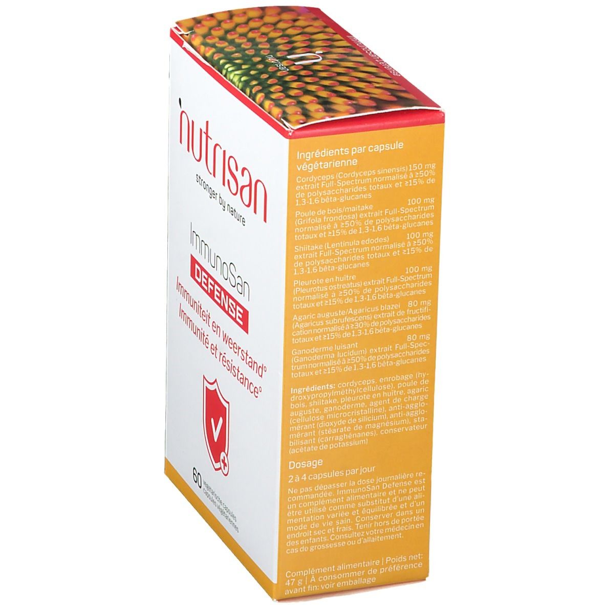 Doos met ingrediënteninformatie. Opschrift: Nutrisan ImmunoSan Defense. Ingrediënten per capsule. Gele achtergrond.