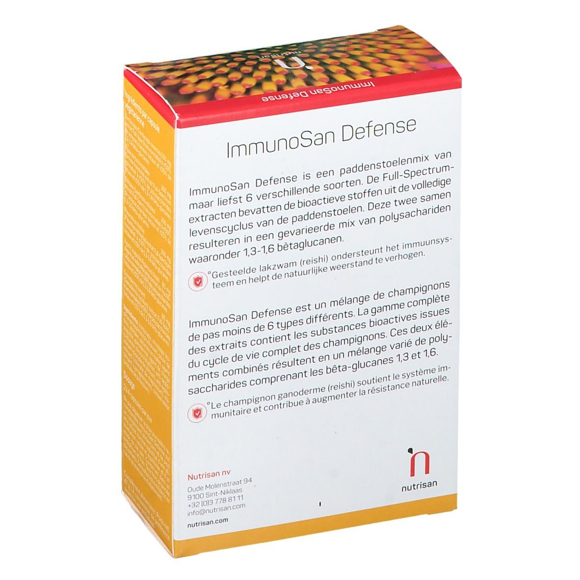 Achterkant van de doos. Opschrift: ImmunoSan Defense. Tekst in het Nederlands en Frans. Gele achtergrond.