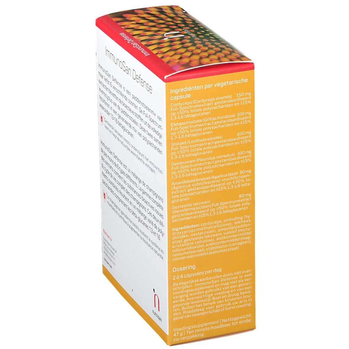 Doos met ingrediënteninformatie. Opschrift: ImmunoSan Defense. Dosering: 2-4 capsules per dag. Gele achtergrond.