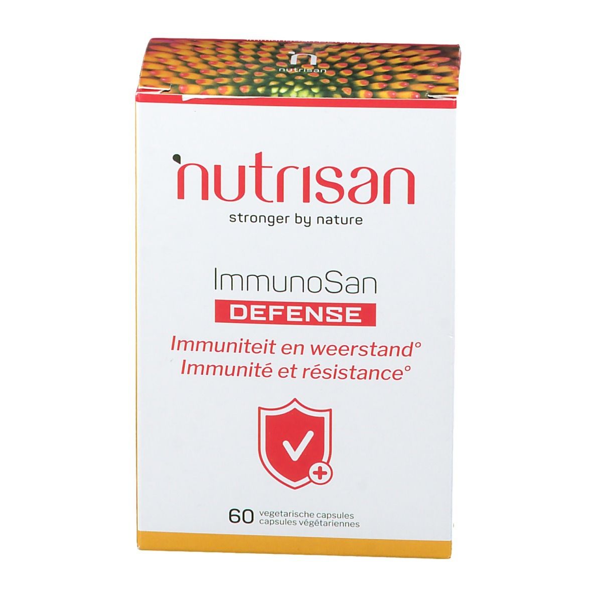Witte doos met rood en geel design. Opschrift: Nutrisan ImmunoSan Defense. 60 vegetarische capsules.