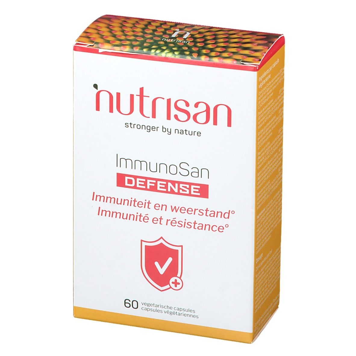 Witte doos met rood en geel design. Opschrift: Nutrisan ImmunoSan Defense. 60 vegetarische capsules.