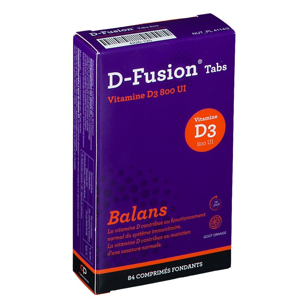 Lila Schachtel mit "D-Fusion Tabs Vitamin D3 800 UI". Enthält 84 Tabletten. Orangefarbenes Logo mit "Vitamin D3 800 UI".