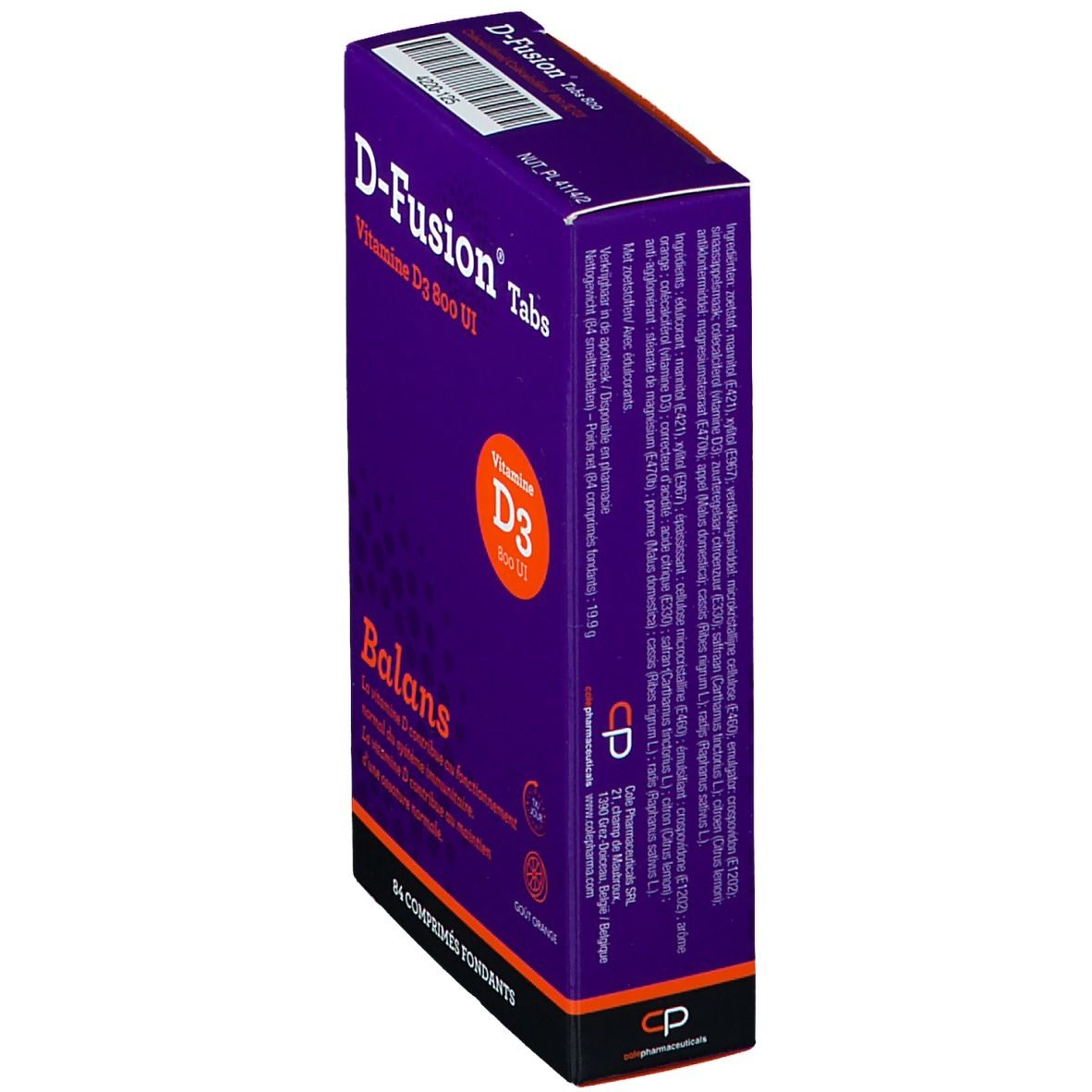 Lila Schachtel "D-Fusion Tabs Vitamin D3 800 UI". Enthält 84 Tabletten. Text mit Inhaltsstoffen. Logo "CP pharmaceuticals".