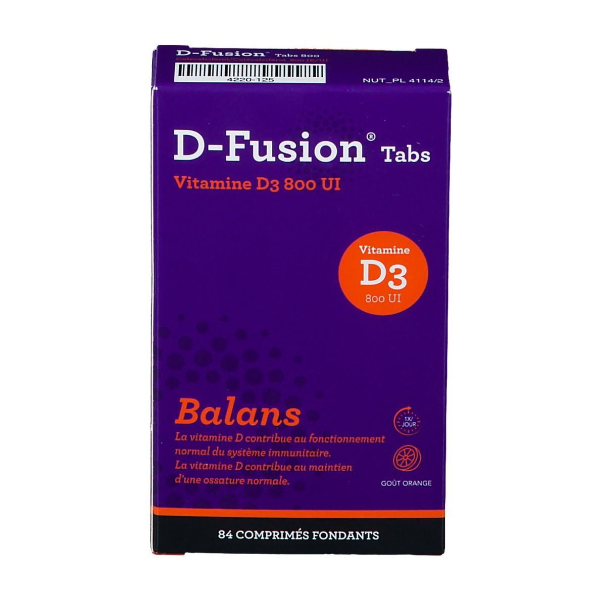 Lila Schachtel "D-Fusion Tabs Vitamin D3 800 UI". Enthält 84 Tabletten. Orangefarbenes Logo mit "Vitamin D3 800 UI".