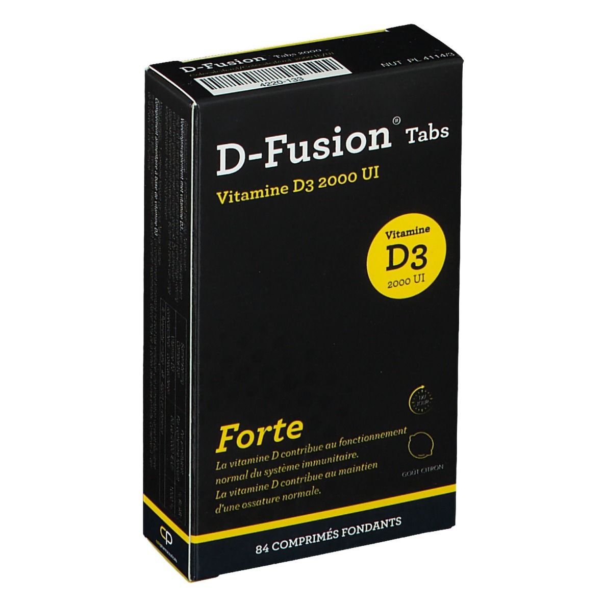 Zwarte doos D-Fusion Tabs Forte. Bevat Vitamine D3 2000 IE. 84 tabletten. Geel logo met D3.