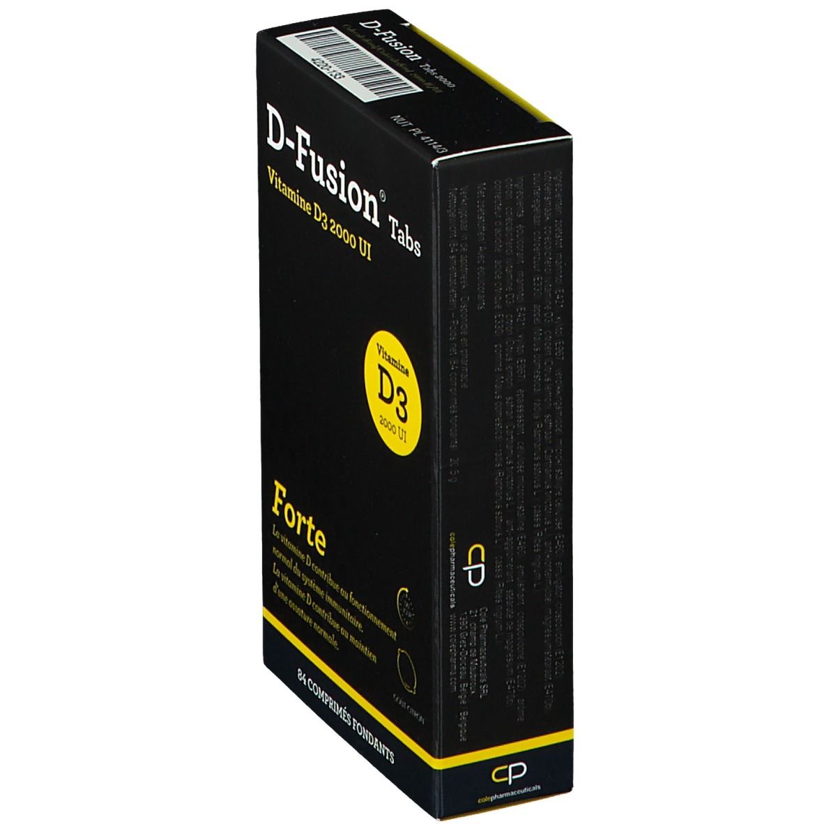 Zwarte doos D-Fusion Tabs Forte. Bevat Vitamine D3 2000 IE. Zijzicht met tekst. 84 tabletten.