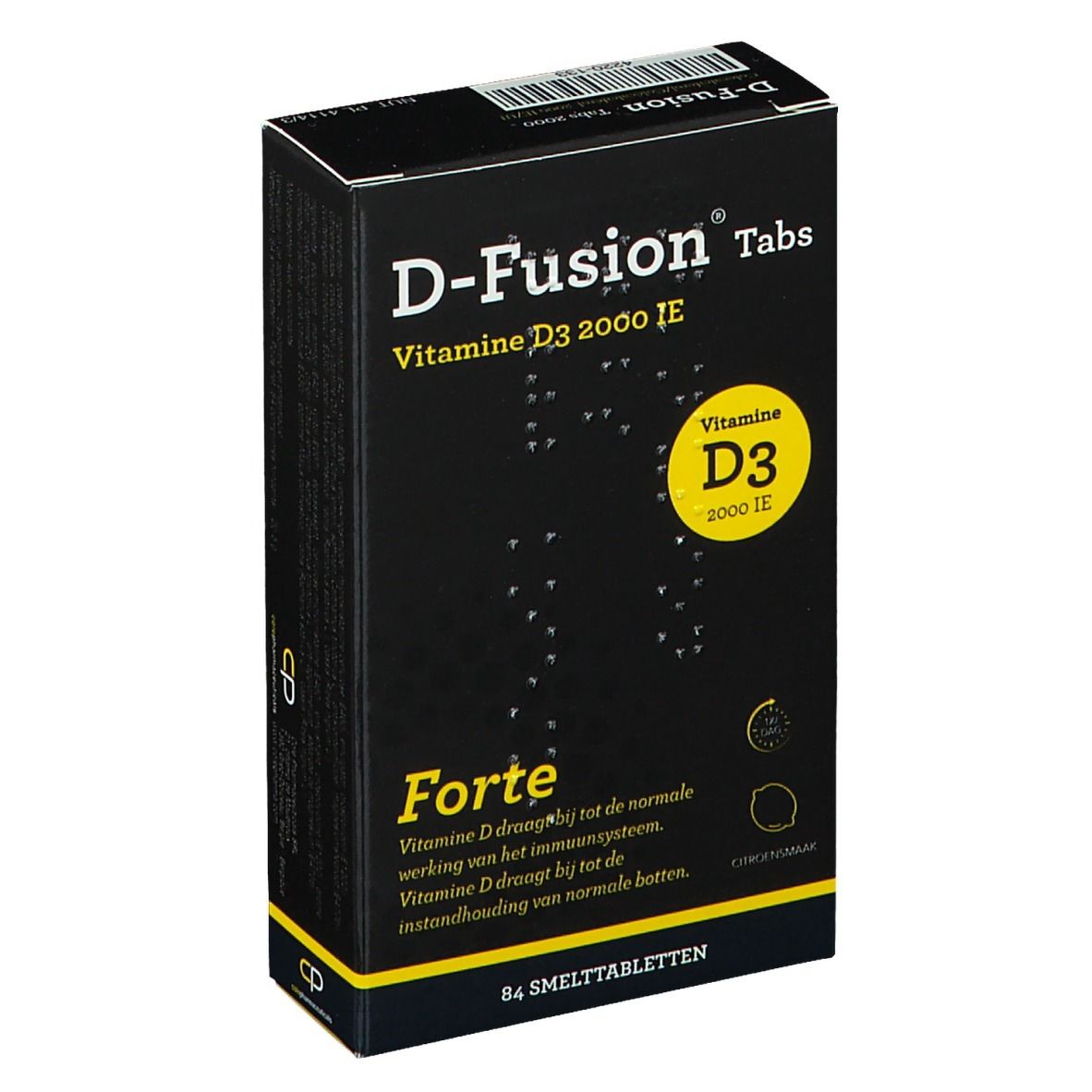 Zwarte doos D-Fusion Tabs Forte. Bevat Vitamine D3 2000 IE. 84 smelttabletten. Geel logo met D3.