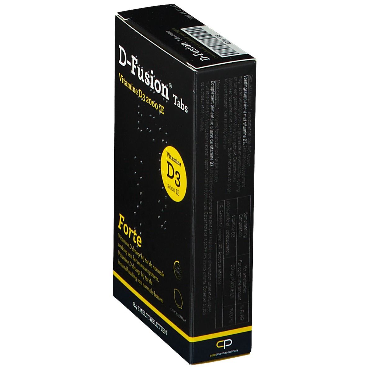 Zwarte doos D-Fusion Tabs Forte. Bevat Vitamine D3 2000 IE. Zijzicht met tekst. 84 smelttabletten.