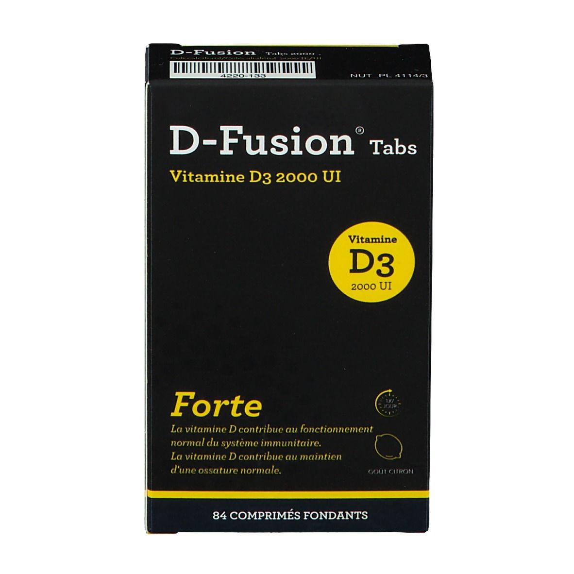 Zwarte doos D-Fusion Tabs Forte. Bevat Vitamine D3 2000 IE. 84 tabletten. Geel logo met D3.