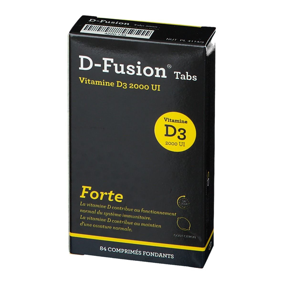 Zwarte doos D-Fusion Tabs Forte. Bevat Vitamine D3 2000 IE. 84 tabletten. Geel logo met D3.
