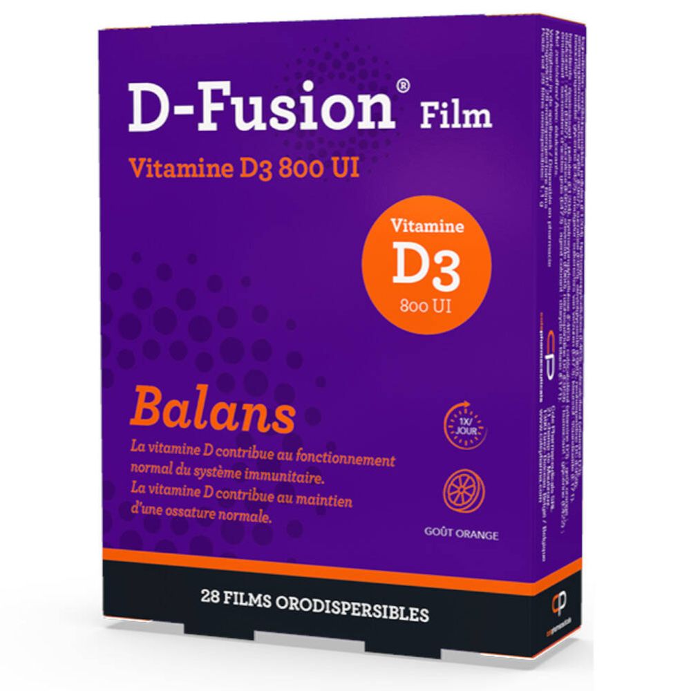 Paarse doos "D-Fusion Film" en "Vitamine D3 800 IE". Oranje logo. Tekst: "Balans". 28 orodispergeerbare films.