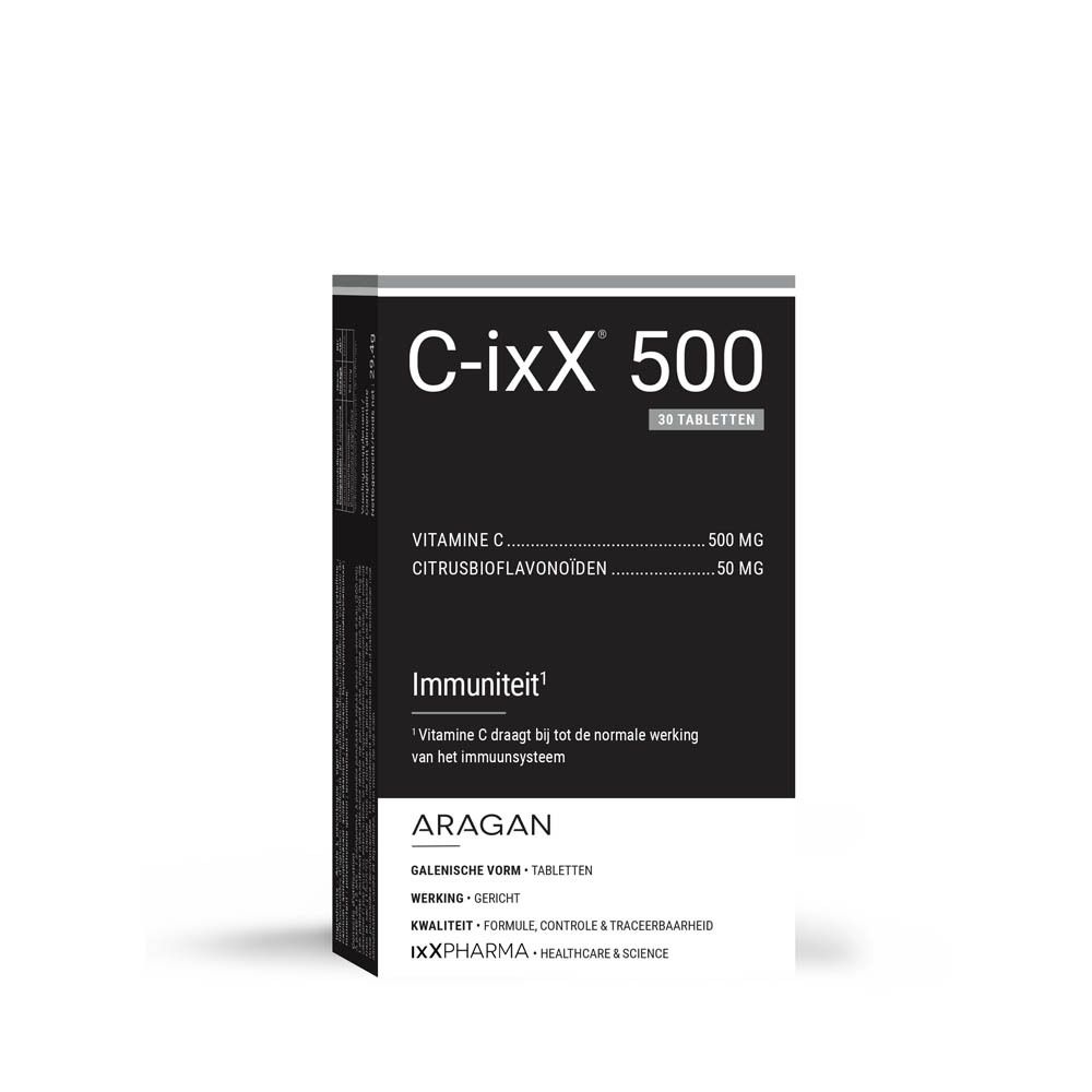 C-ixX 500 Packung mit 30 Tabletten. Aufschrift: Vitamin C, Citrusbioflavonoide. Detailansicht.