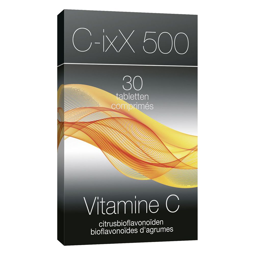 Zwarte doos C-ixX 500, 30 tabletten, vitamine C en citrusbioflavonoïden. Geel-oranje golven.