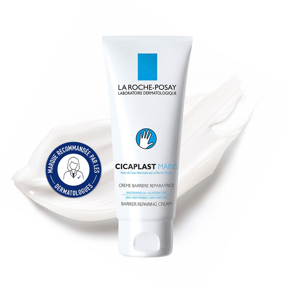 Tube La Roche-Posay Cicaplast Mains sur fond blanc. Logo et symbole de main. Sceau : Marque recommandée par les dermatologues.