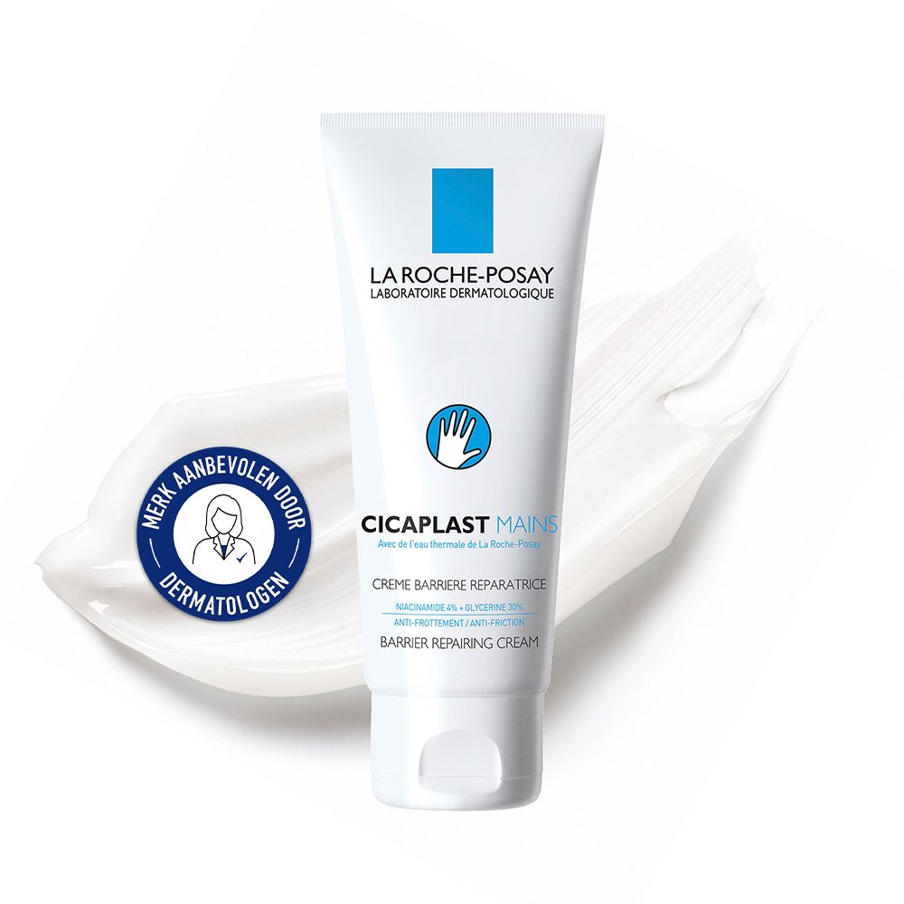 La Roche-Posay Cicaplast Mains tube op witte achtergrond. Logo en hand-symbool. Keurmerk: Merk aanbevolen door dermatologen.