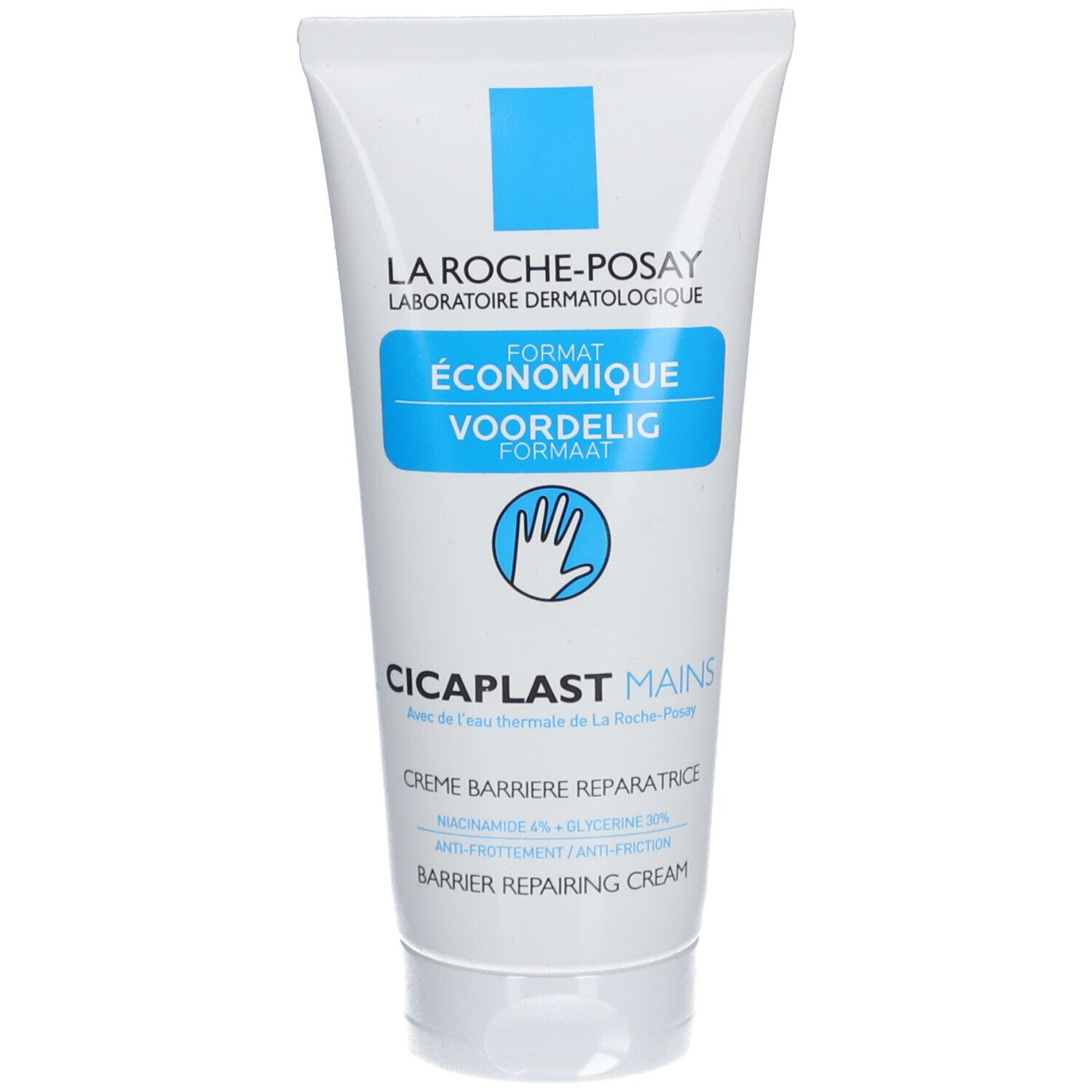 Witte tube La Roche-Posay Cicaplast Mains. Blauwe dop en logo. Tekst: Format économique, Voordelig formaat. Hand-symbool.