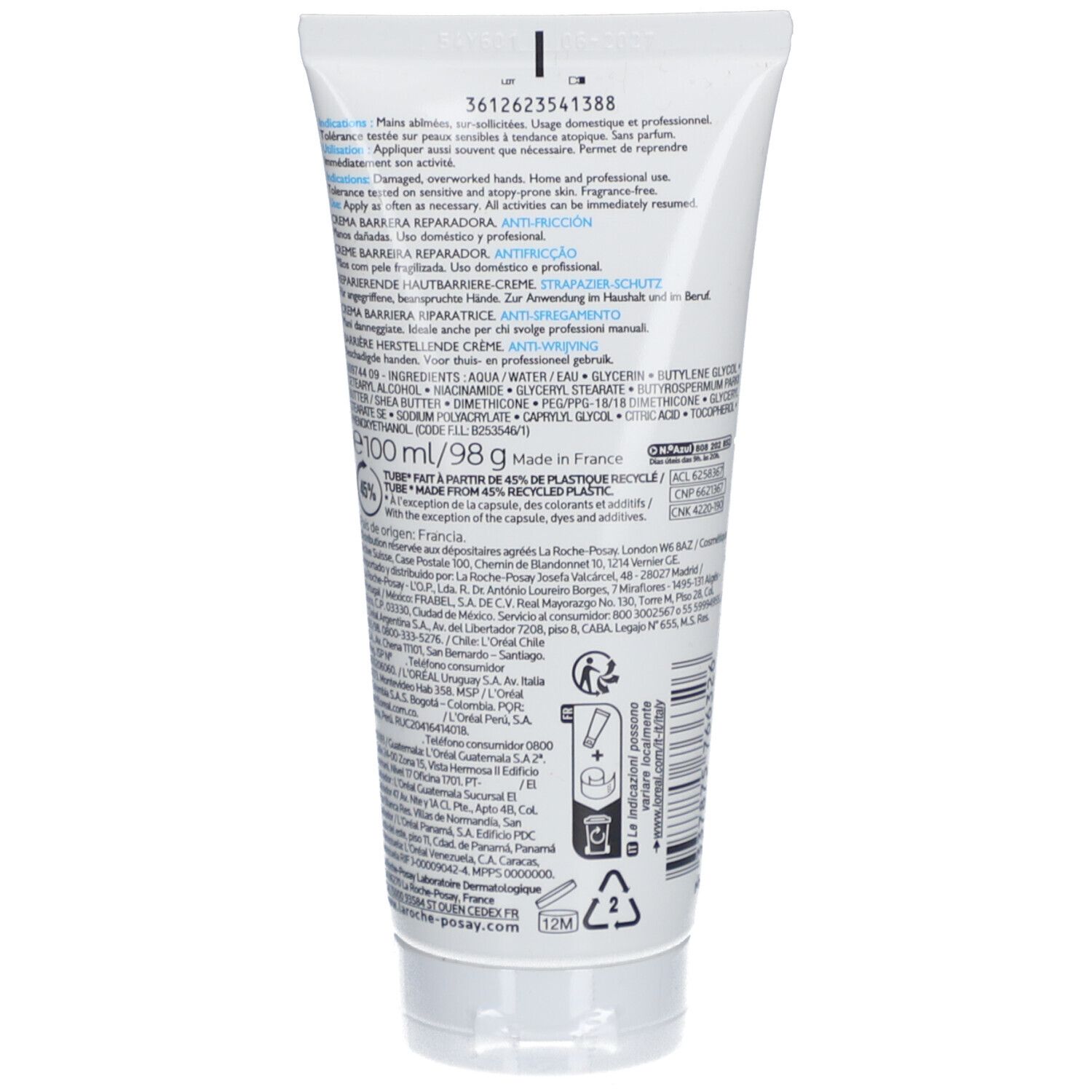 Achterkant van de La Roche-Posay Cicaplast Mains tube. Meertalige tekst. Ingrediënten, fabrikantinfo, recyclingsymbool.