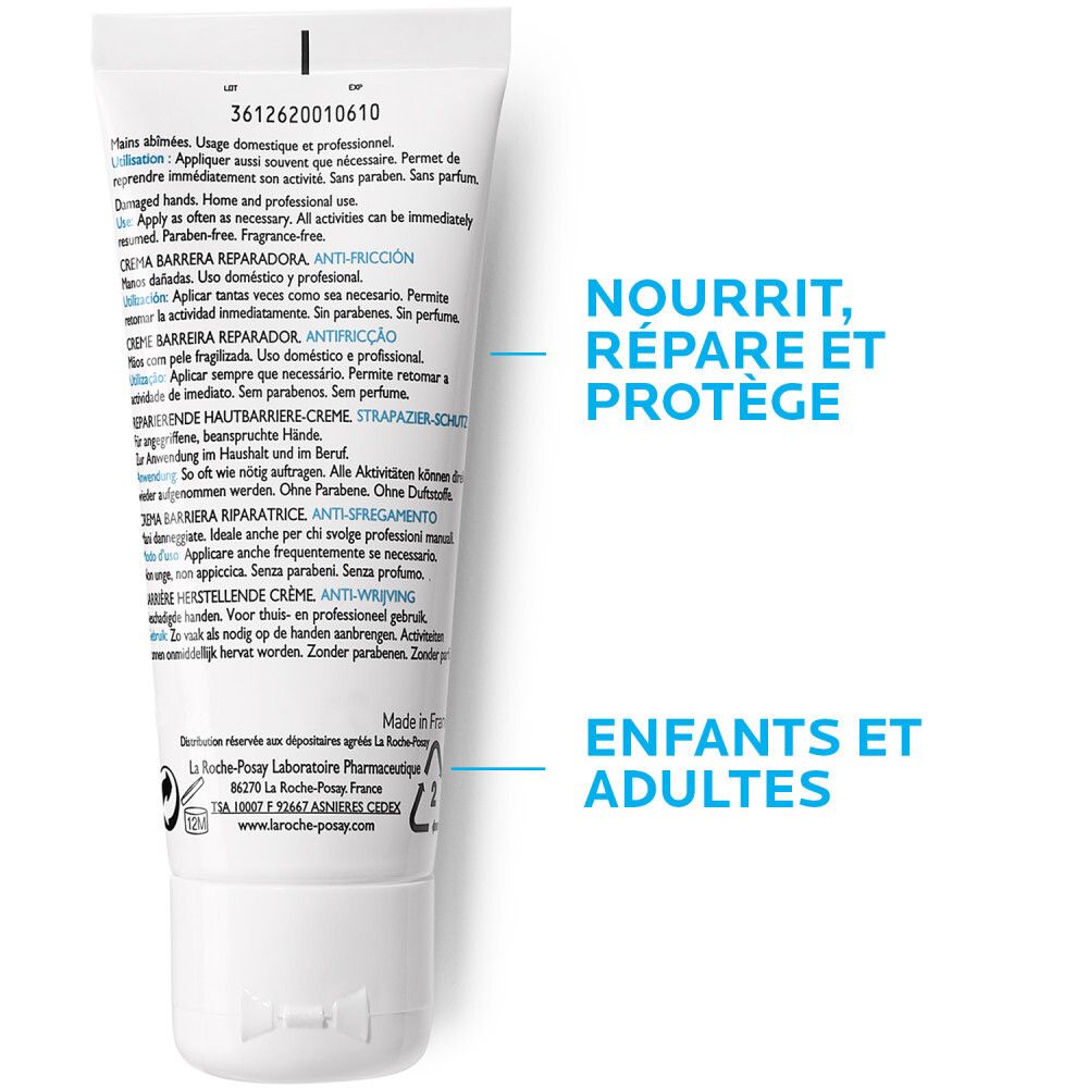 Dos du tube La Roche-Posay Cicaplast Mains. Texte : Nourrit, répare et protège. Enfants et adultes.