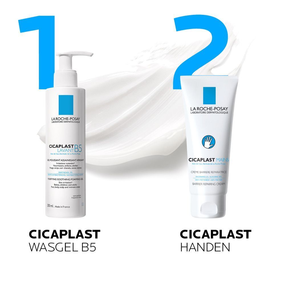 Achterkant van de La Roche-Posay Cicaplast Mains tube. Tekst: Voedend, herstellend, beschermend. Kinderen en volwassenen.