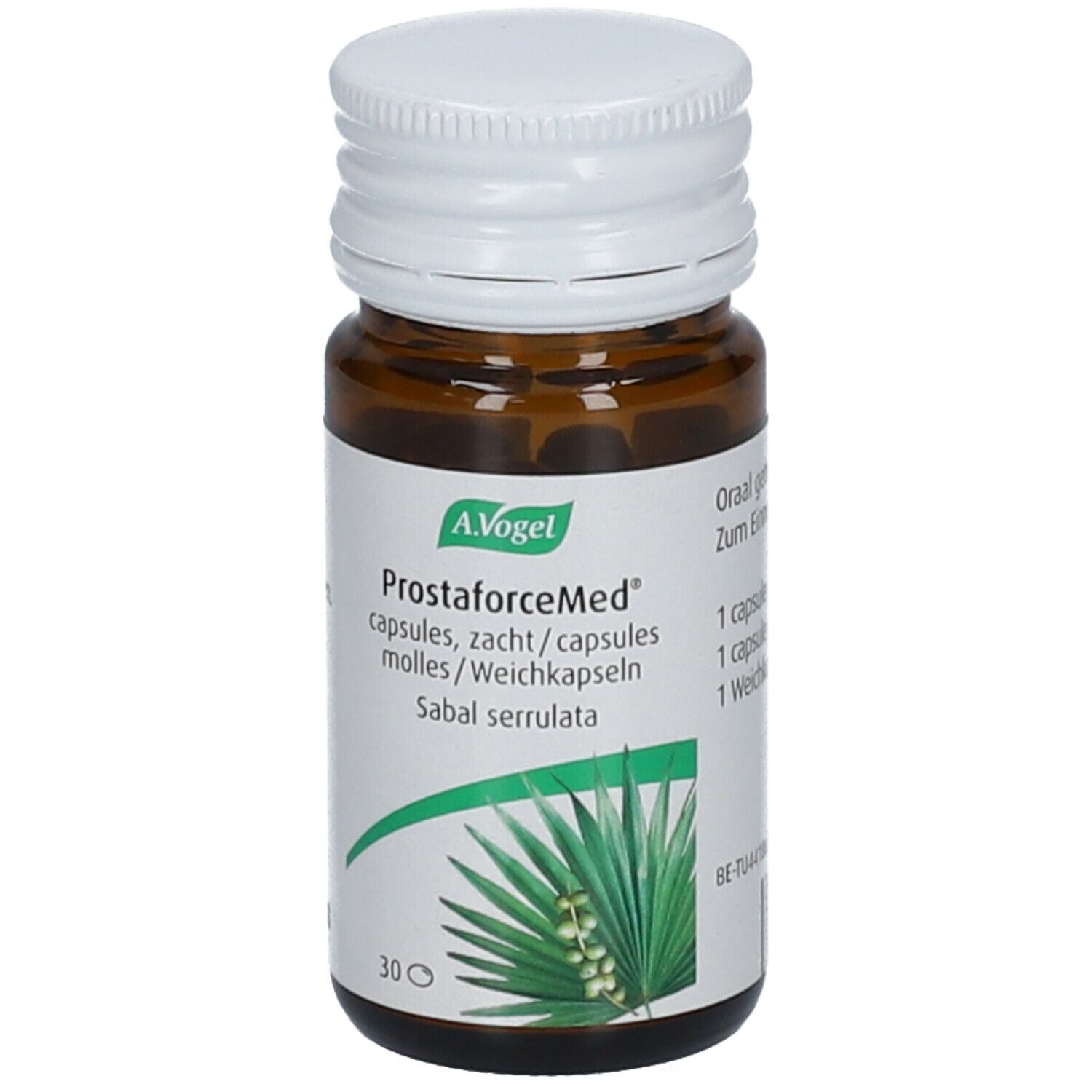 Bruine glazen fles met witte dop. Etiket met productnaam, ingrediënten en dosering. 30 capsules.