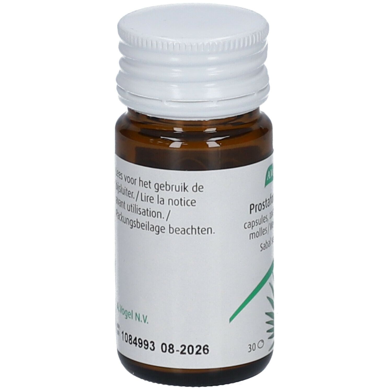 Bruine glazen fles met witte dop. Achterkant met meertalige tekst. Bevat 30 capsules.