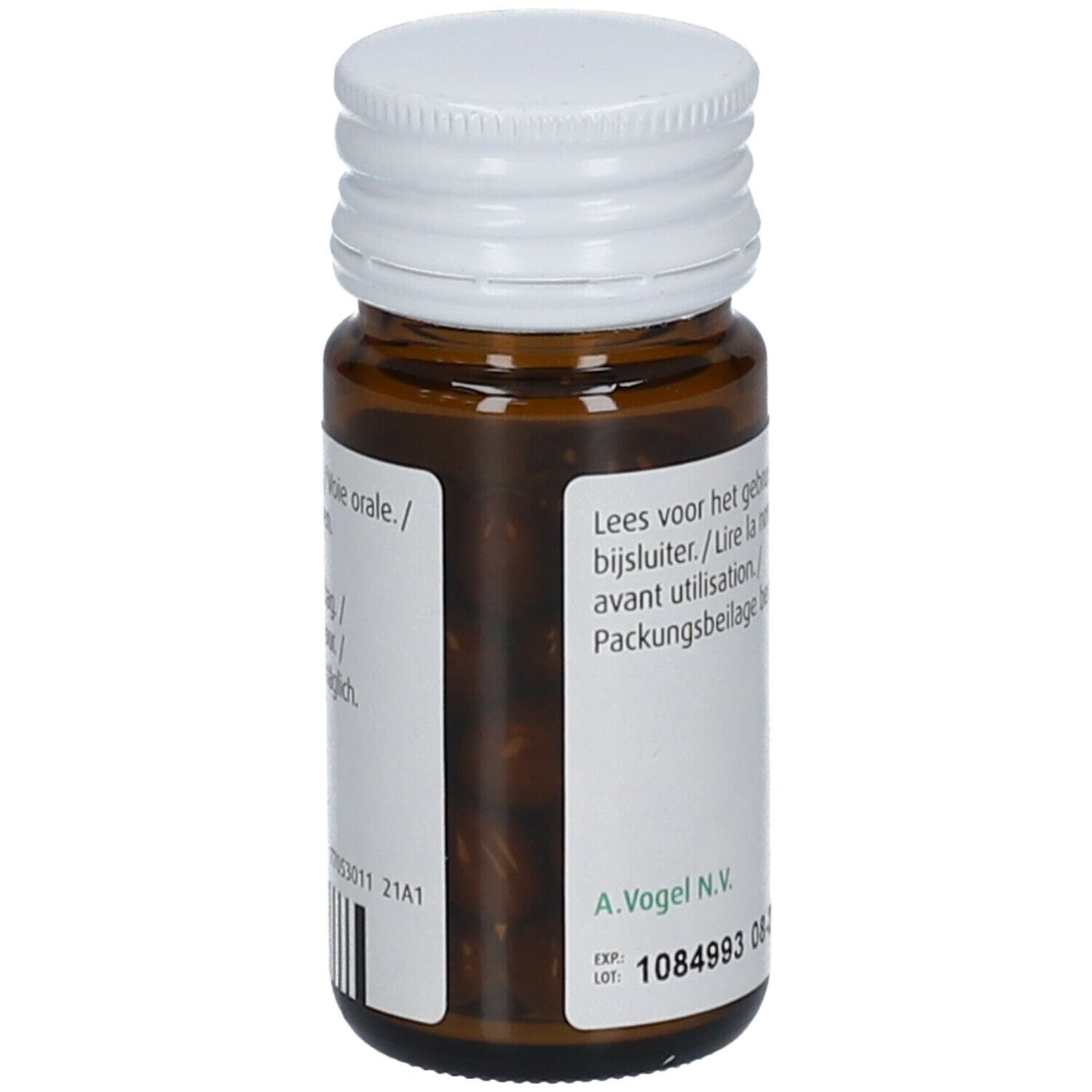 Bruine glazen fles met witte dop. Achterkant met tekst en batchnummer. Bevat 30 capsules.