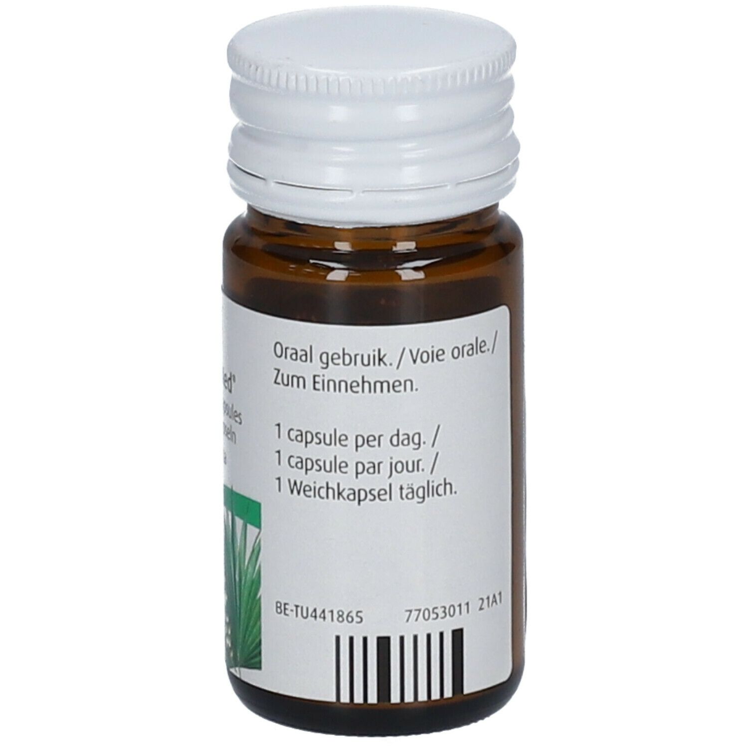 Bruine glazen fles met witte dop. Achterkant met doseringsinstructies. Bevat 30 capsules.