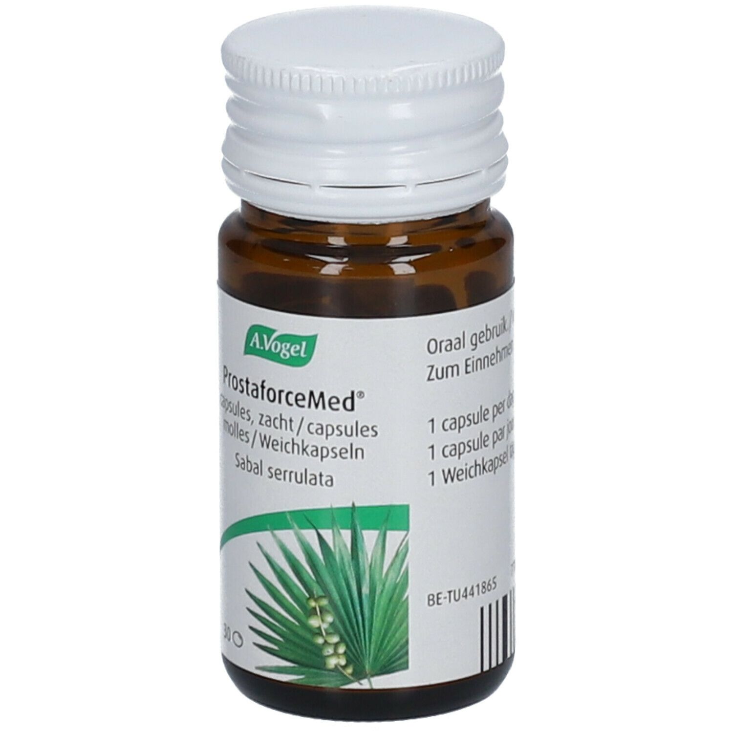 Bruine glazen fles met witte dop. Etiket met naam, ingrediënten en dosering. 30 capsules.